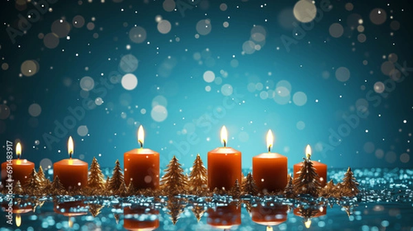 Obraz Candles and and Christmas trees on snowy ground with blue starry night sky and snow frost, Christmas concept background