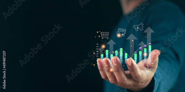 Fototapeta Hand show the sign and icon of Digital marketing internet advertising and sales increase business technology concept, online marketing,E-business, E-commerce, Business online