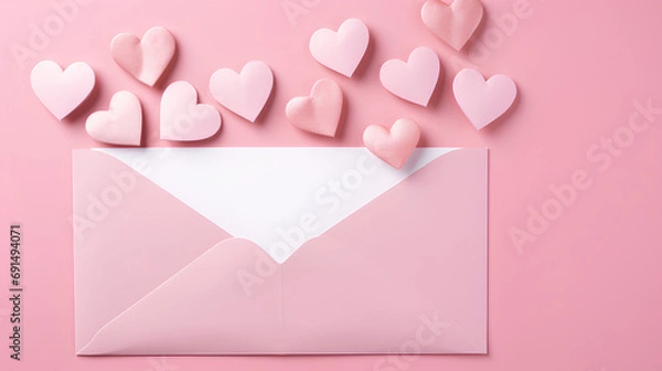 Obraz ove letter envelope with paper craft hearts - flat lay on pink valentines or anniversary background with copy space