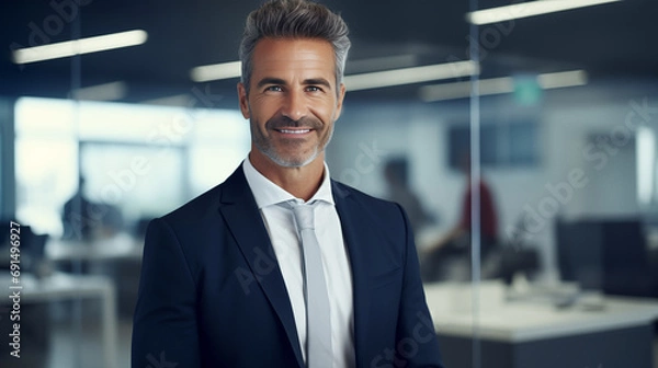 Fototapeta Successful CEO standing in an office. Portrait of a cheerful confident businessman. AI generated.