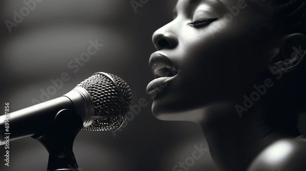 Fototapeta Black singer in front of a microphone