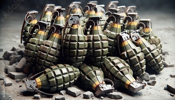 Fototapeta A lot of defensive hand grenades are stacked in a pile. Close-up. Personal handheld explosive weapon