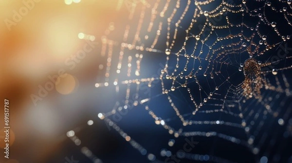 Fototapeta Spider web with dew drops, against a blurred background in the morning sunlight, close-up