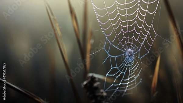 Fototapeta Spider web with dew drops, blurred background