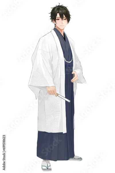Fototapeta 羽織と袴を着用して立っている着物男子（白×グレー）