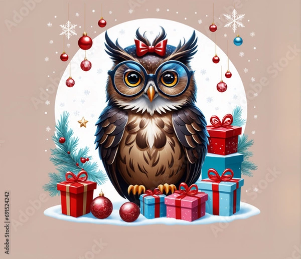 Obraz Template Christmas card funny owl in glasses on background of gifts and Christmas tree balls. Cartoon style greeting card.