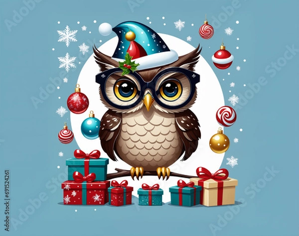 Obraz Template Christmas card funny owl in glasses on background of gifts and Christmas tree balls. Cartoon style greeting card.