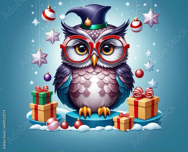 Obraz Template Christmas card funny owl in glasses on background of gifts and Christmas tree balls. Cartoon style greeting card.