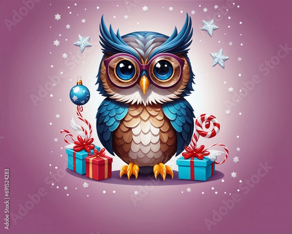 Obraz Template Christmas card funny owl in glasses on background of gifts and Christmas tree balls. Cartoon style greeting card.