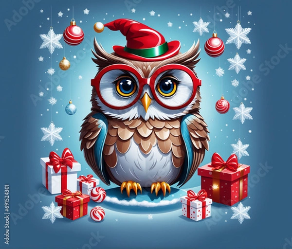 Obraz Template Christmas card funny owl in glasses on background of gifts and Christmas tree balls. Cartoon style greeting card.