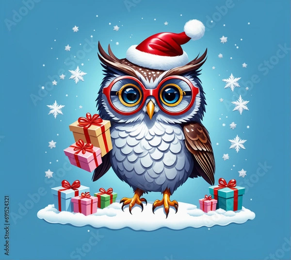 Obraz Template Christmas card funny owl in glasses on background of gifts and Christmas tree balls. Cartoon style greeting card.