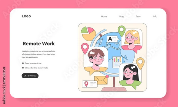 Fototapeta Global teamwork concept. Diverse team communicates over digital globe, sharing insights and data. Interactive collaboration from different locations. Flat vector illustration.