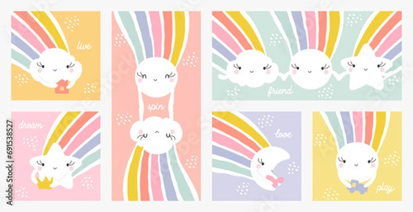Fototapeta Rainbow with smiling star sun moon and cloud. Kids designs set of cute characters. Creative vector illustrations collection for funny childrens greeting card or poster