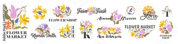 Fototapeta Vector logo design template of spring flowers like tulip, daffodil, primrose and snowdrops. Collection of elegant premade emblems for flower market or florist shop