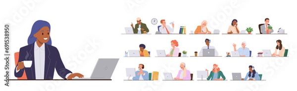 Obraz People characters working online, using laptop computer holding videoconference, online consultation