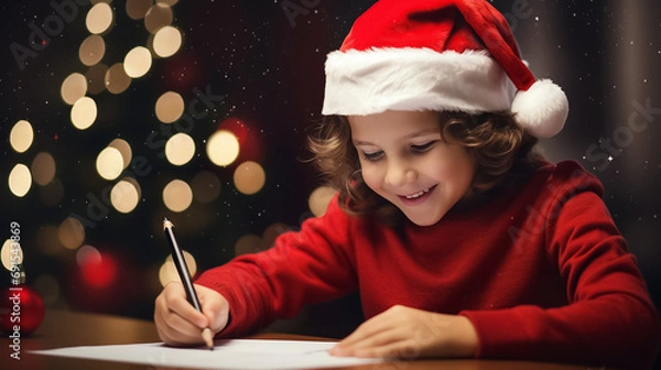 Obraz Happy little cute boy in a Santa hat writes a letter to Santa Claus. Blurred background with copyspace.