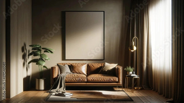 Obraz Modern living room interior with elegant leather sofa, artwork frame mockup hanging on the wall, empty frame on wall for art, green plant accent, cozy home design with natural light, chic urban home