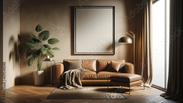 Obraz Modern living room interior with elegant leather sofa, artwork frame mockup hanging on the wall, empty frame on wall for art, green plant accent, cozy home design with natural light, chic urban home