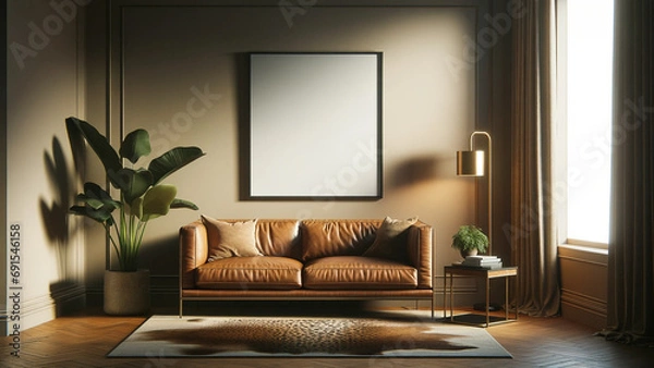 Obraz Modern living room interior with elegant leather sofa, artwork frame mockup hanging on the wall, empty frame on wall for art, green plant accent, cozy home design with natural light, chic urban home