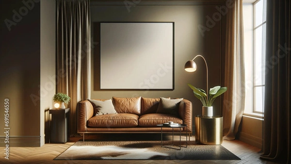 Obraz Modern living room interior with elegant leather sofa, artwork frame mockup hanging on the wall, empty frame on wall for art, green plant accent, cozy home design with natural light, chic urban home