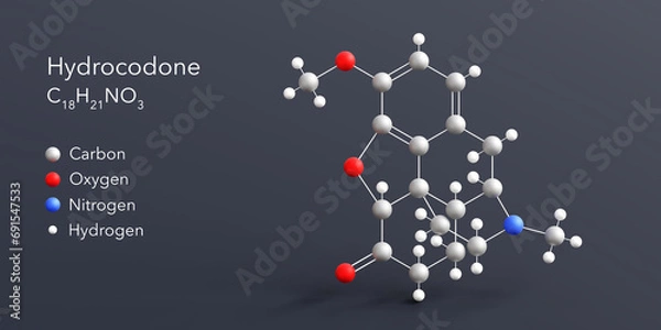Fototapeta hydrocodone molecule 3d rendering, flat molecular structure with chemical formula and atoms color coding