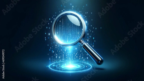 Obraz Data analysis concept with magnifying glass, digital data search, binary code investigation, information technology, cybersecurity research, virtual data inspection, digital forensic analysis
