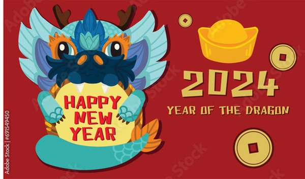 Obraz cute Dragon holding new year tag- Year of dragon Vector illustration. cute character with gold ingot.