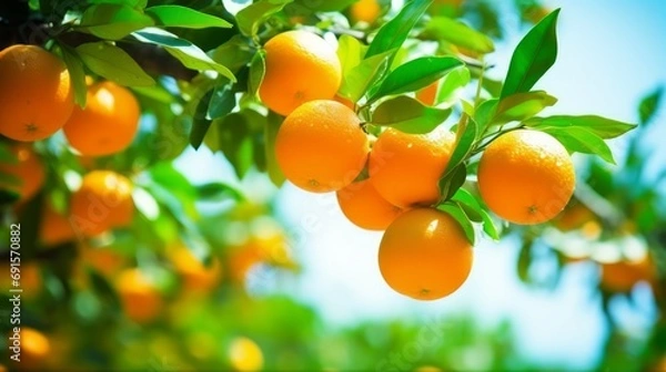 Fototapeta Clean background image with citrus fruits on tree branches in an orchard. Agricultural and informative style. Blank space for lettering