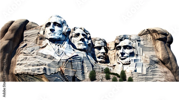 Obraz Mount Rushmore sculpted images of Washington, Jefferson, Roosevelt, and Lincoln in a side view, in a PNG, National Memorial-themed, isolated, and transparent photorealistic Illustration. Generative ai