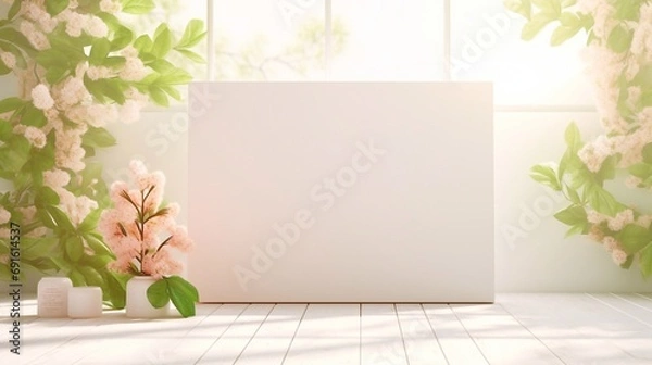 Fototapeta Empty white rectangle poster mockup with spring flowering tree branch with white flowers on pastel beige background. Flat lay, top view minimal pedestal for beauty, cosmetic product presentation