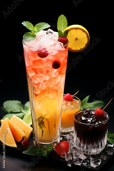 Obraz Refreshing Cocktail on the Beach Cocktail with Orange and Grenadine. High quality photo. Cocktail in a high transparent glass With ice and mint