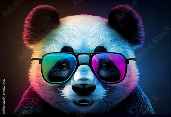 Obraz Baby Panda Looking Adorably in Front. Cool panda with glasses, illustration for social networks or magazine, close-up picture of a panda. A lot of colors