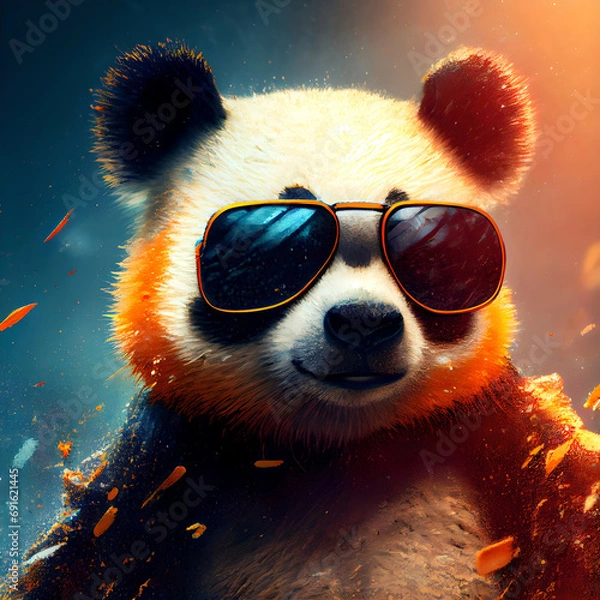 Obraz Baby Panda Looking Adorably in Front. Cool panda with glasses, illustration for social networks or magazine, close-up picture of a panda. A lot of colors