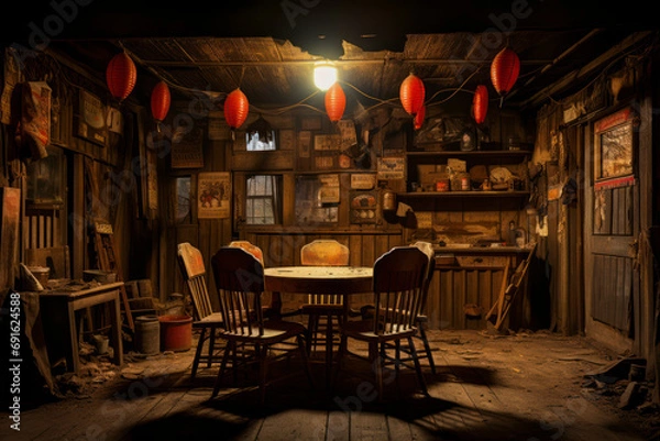 Fototapeta Outlaw hideout, abandoned saloon with swinging doors, poker table with scattered cards, dim lantern light, shadowy figures in the background, wanted posters on the walls.