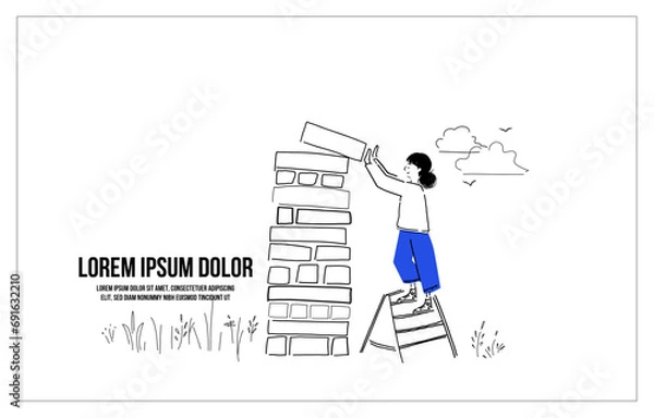 Obraz hand drawn vector illustration of a person building blocks_ optimistic, career, choice, selection, jenga, prime member, benefit, wellness, support _ heartwarming editorial illustration 