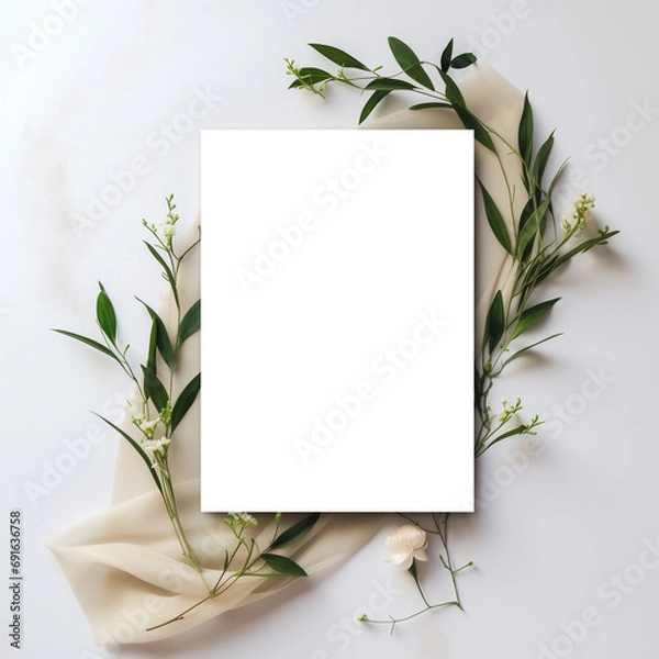 Fototapeta Botanical-Themed 5x7 PNG Greeting Card Mockup with Cream Satin and Greenery. Transparent PNG Mockup