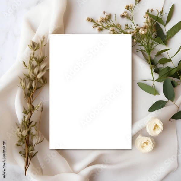Fototapeta Elegant 5x7 Invitation Card Mockup with White Satin and Natural Elements. Transparent PNG Mockup