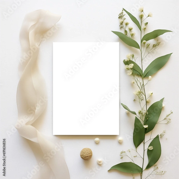 Fototapeta Minimalist 5x7 Greeting Card Mockup with Cream Ribbon and Botanical Accents