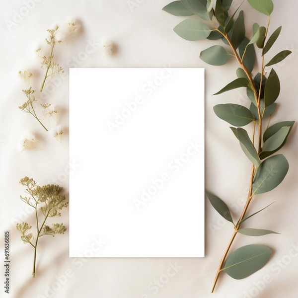 Fototapeta Soft Greeting 5x7 Card Mockup with Delicate Flowers and Leaves Transparent PNG Mockup