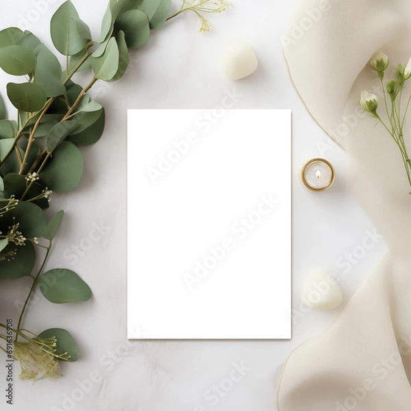 Fototapeta 5x7 Greeting Card Mockup with Eucalyptus Leaves and Candle Transparent PNG Mockup