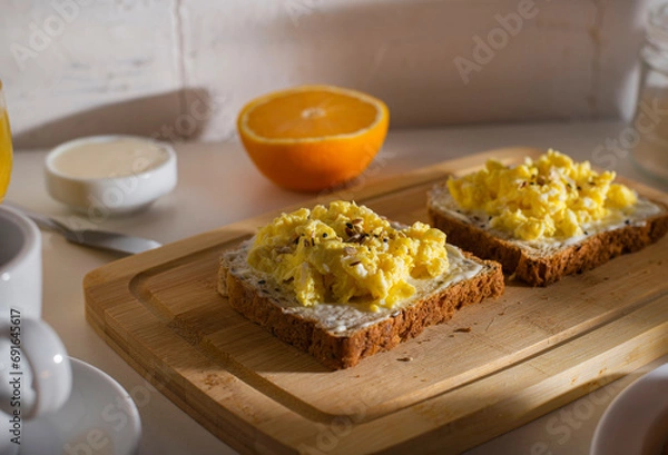 Fototapeta scrambled egg with coffee and orange juice