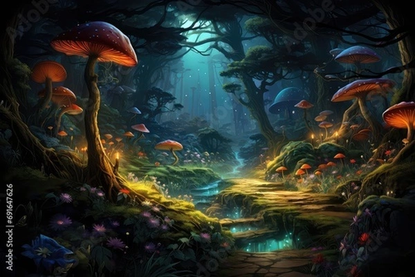 Obraz Baśniowa ścieżka w magicznym bajkowym lesie. 