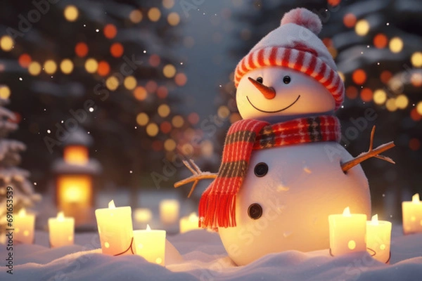 Fototapeta Snowman in a hat and scarf and candles on the snow, New Year's illustration. AI generative.