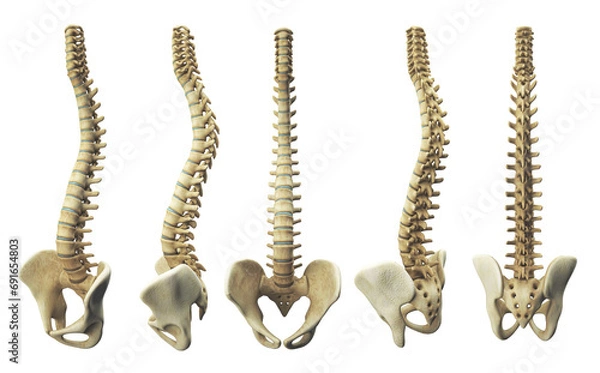 Obraz Representation of the human spine, various side-by-side views, front, side, anatomical visualization, 3d rendering, 3d illustration