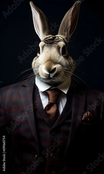 Fototapeta Portrait of rabbit dressed in an elegant patterned suit with tie, confident and classy high Fashion portrait of an anthropomorphic animal, posing with a charismatic human attitude