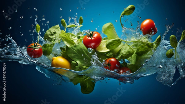 Obraz apples, tomatoes in water splash. Hyper realistic photo of vegetables, fruit falling into the water with geometric splashing. Creative art