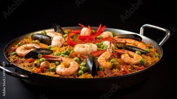 Fototapeta  a close up of a pan of food with shrimp, mussels, peas, tomatoes, and broccoli on a black table with a black background.