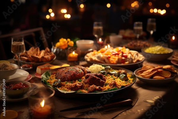 Fototapeta A plate of diverse international cuisines, embodying the tradition of enjoying a feast with loved ones to welcome the new year. Concept of cultural unity and shared meals. Generative Ai.