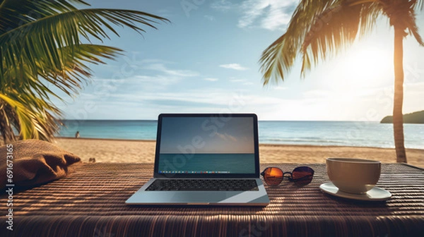 Obraz Remote work from a tropical beach: laptop, sunglasses, & white cup on a beachfront rattan table facing the ocean between palm trees.