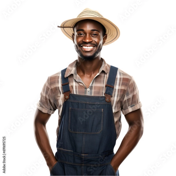 Fototapeta Cheerful mature Afro American farmer man posing and smiling at camera, worker in an hat png format on transparent background Fictional Person, Generative AI
